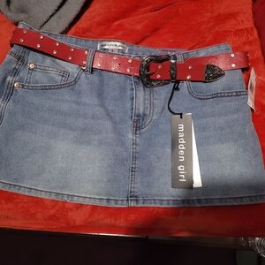 Madden Girl Blue Denim Mini Skirt with Red Belt
